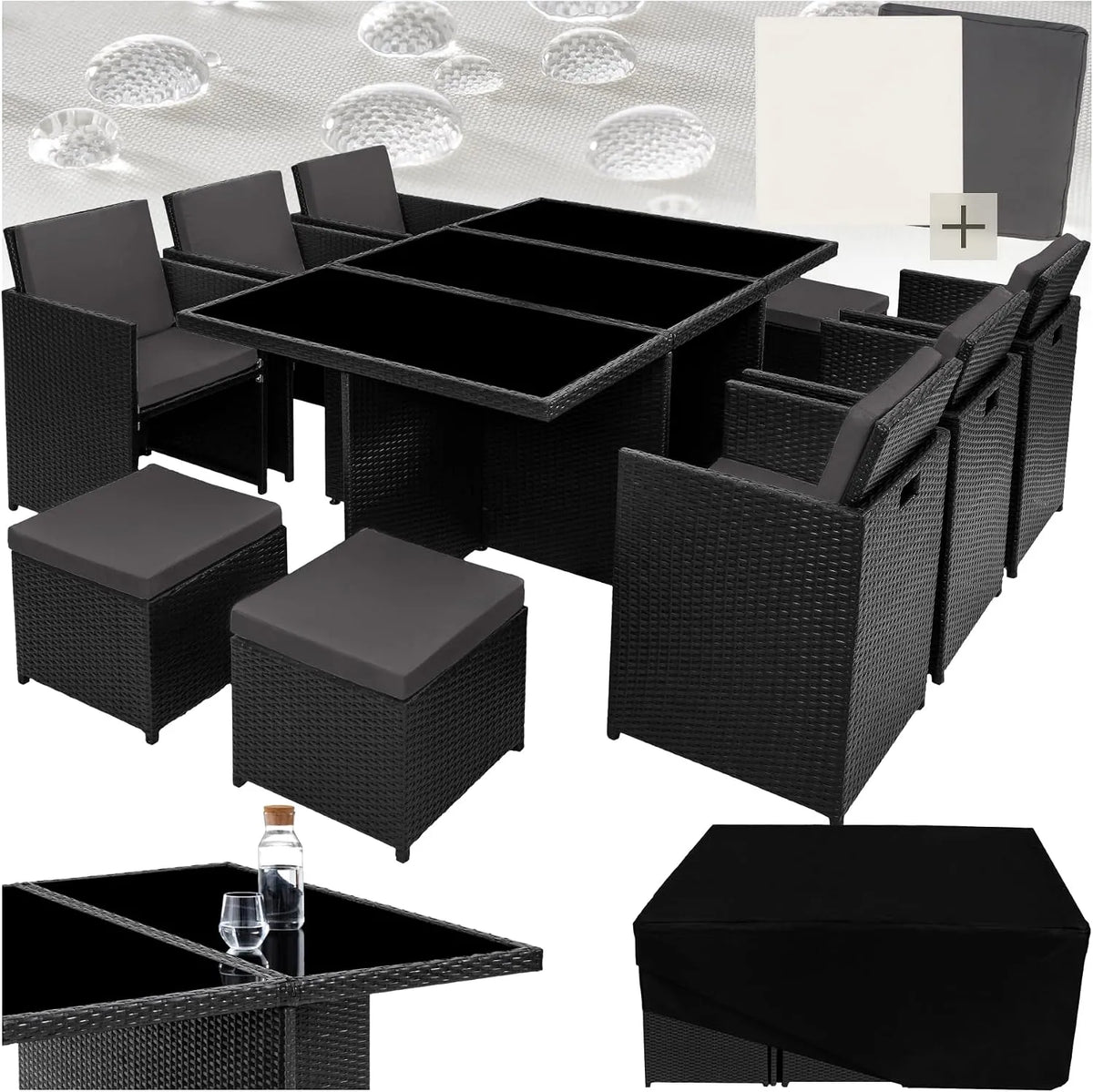 tectake Salon de jardin et ensemble lounge — en aluminium, noir, en résine tressée