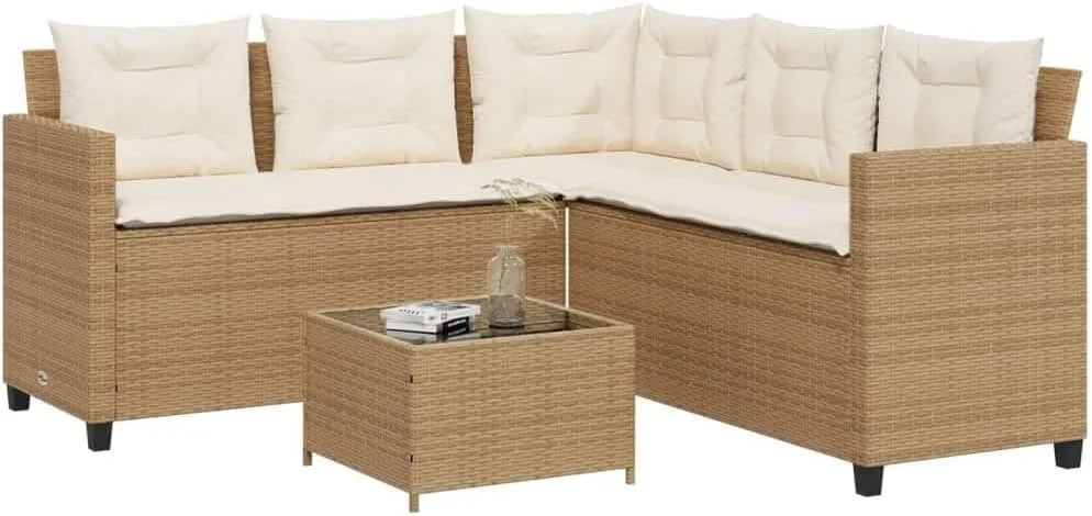 Canapé de jardin et sofa lounge extérieur – avec coussins, beige, en résine tressée