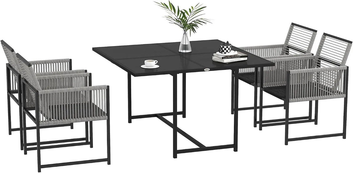 Outsunny Salon de jardin et ensemble lounge: en verre, en acier, avec dossier, pliable, 5 pièces, gris