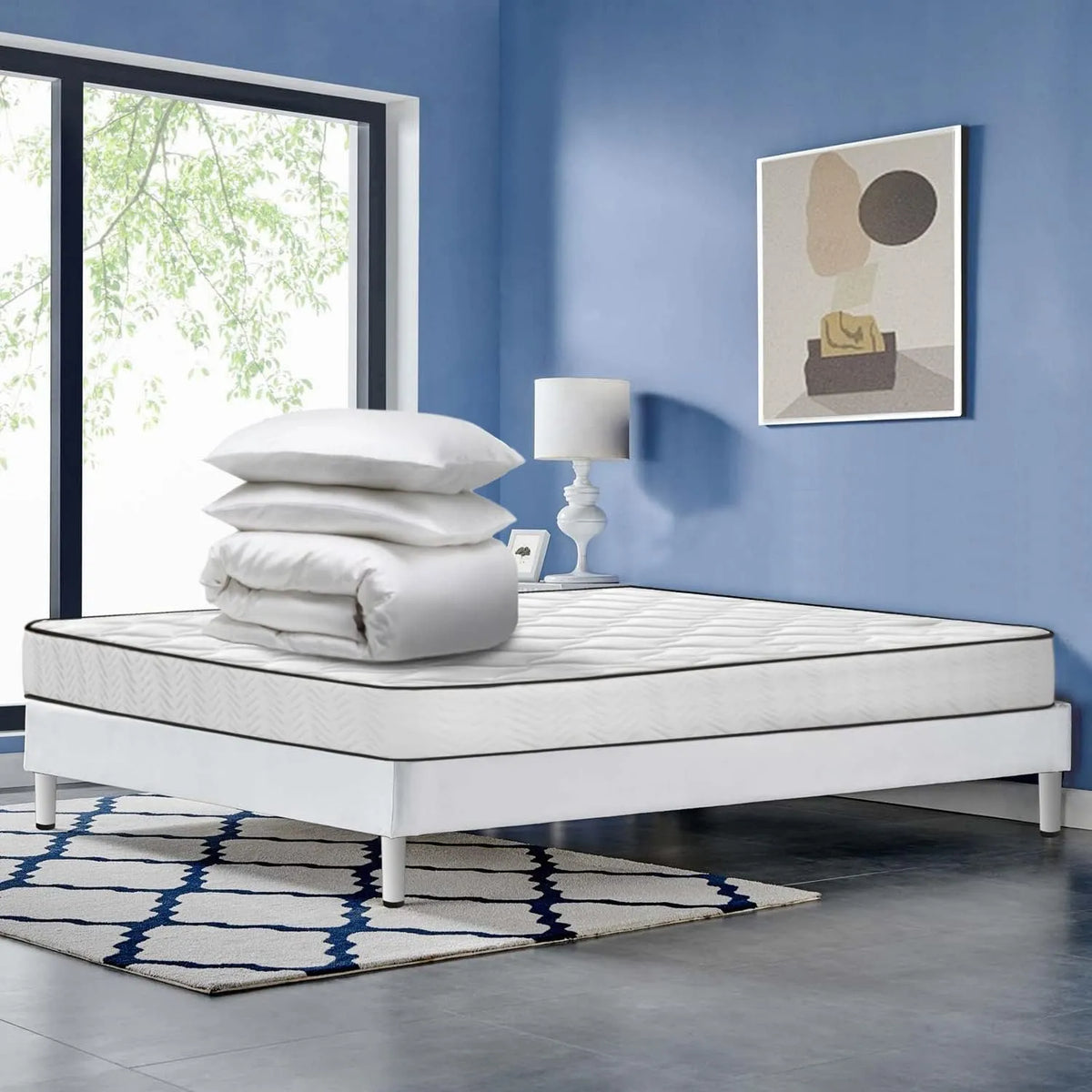 Lit 140x190 avec Sommier et Matelas et Couette et 2 – L-CD-7, 140 × 190, 140 × 190 × 17, 200 × 240, 60 × 60, bleu