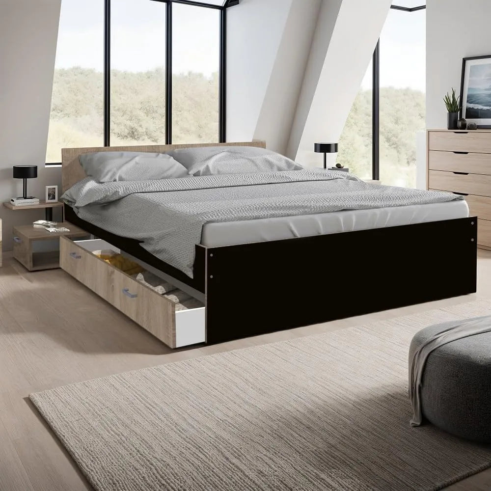 Lit Twist 140x190+ 1 Chevet + 1 tiroir/Décor Noir et — avec tiroirs, 140 × 190