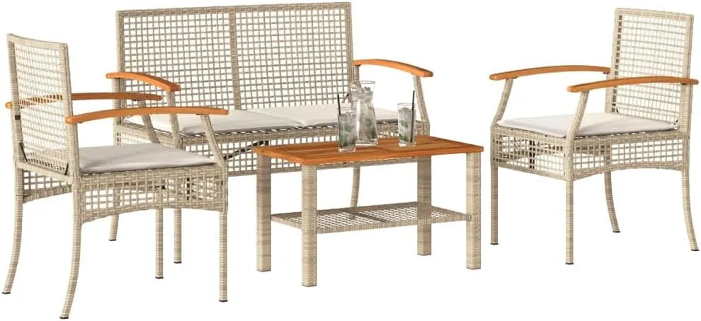 Salon de jardin et ensemble lounge – avec coussins, 4 pièces, beige, en résine tressée