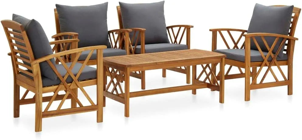 Salon de jardin et ensemble lounge — en bois, avec coussins, 5 pièces