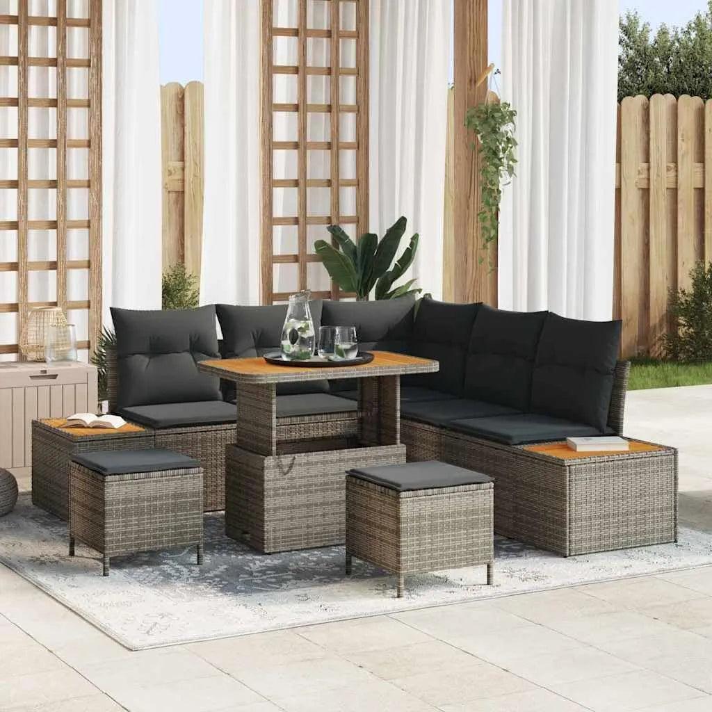 Salon de jardin et ensemble lounge – modulaire, en bois, résistant aux intempéries, 8 pièces, 100 × 100 cm, gris, en résine tressée
