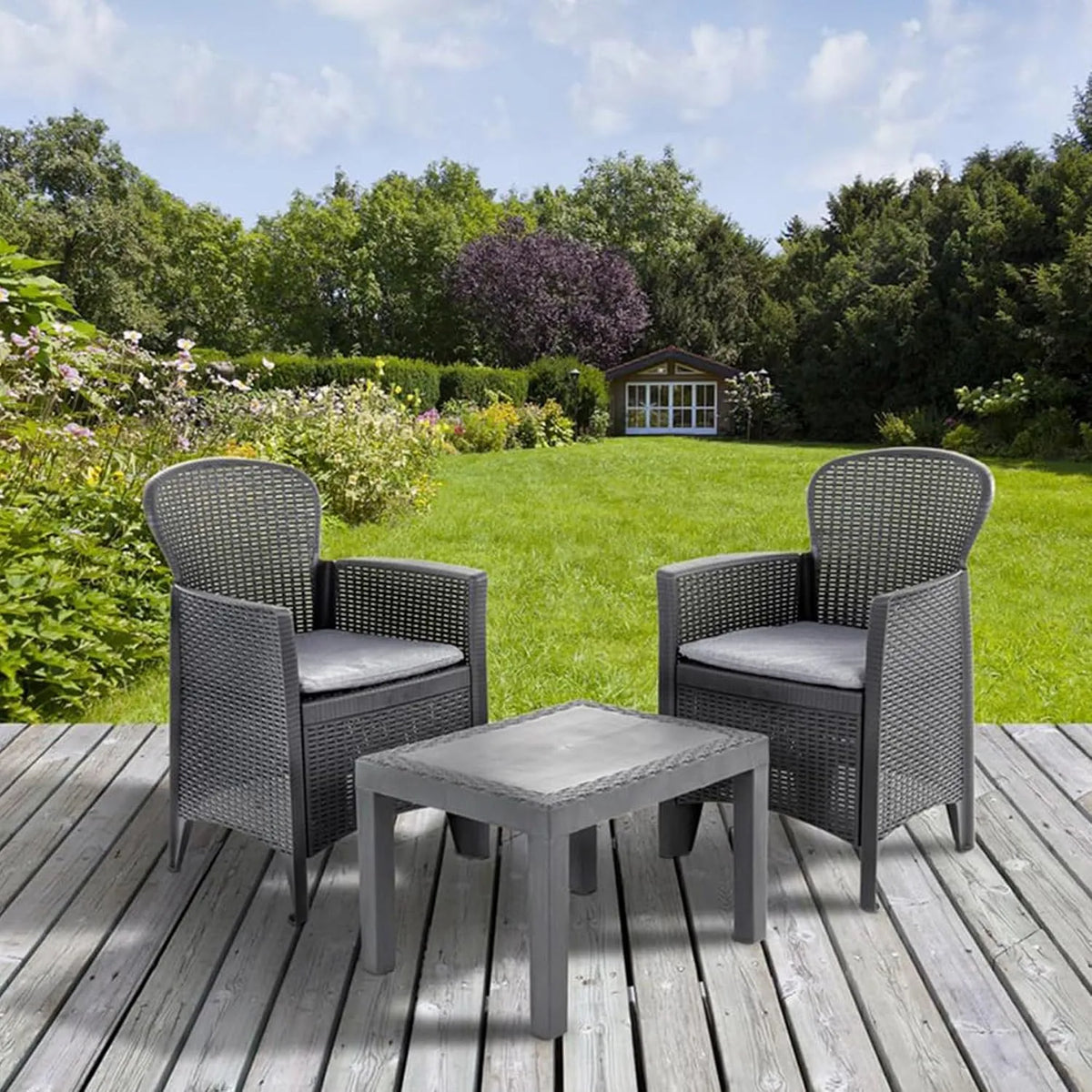 Table basse et table de salon: avec coussins, anthracite, en résine tressée