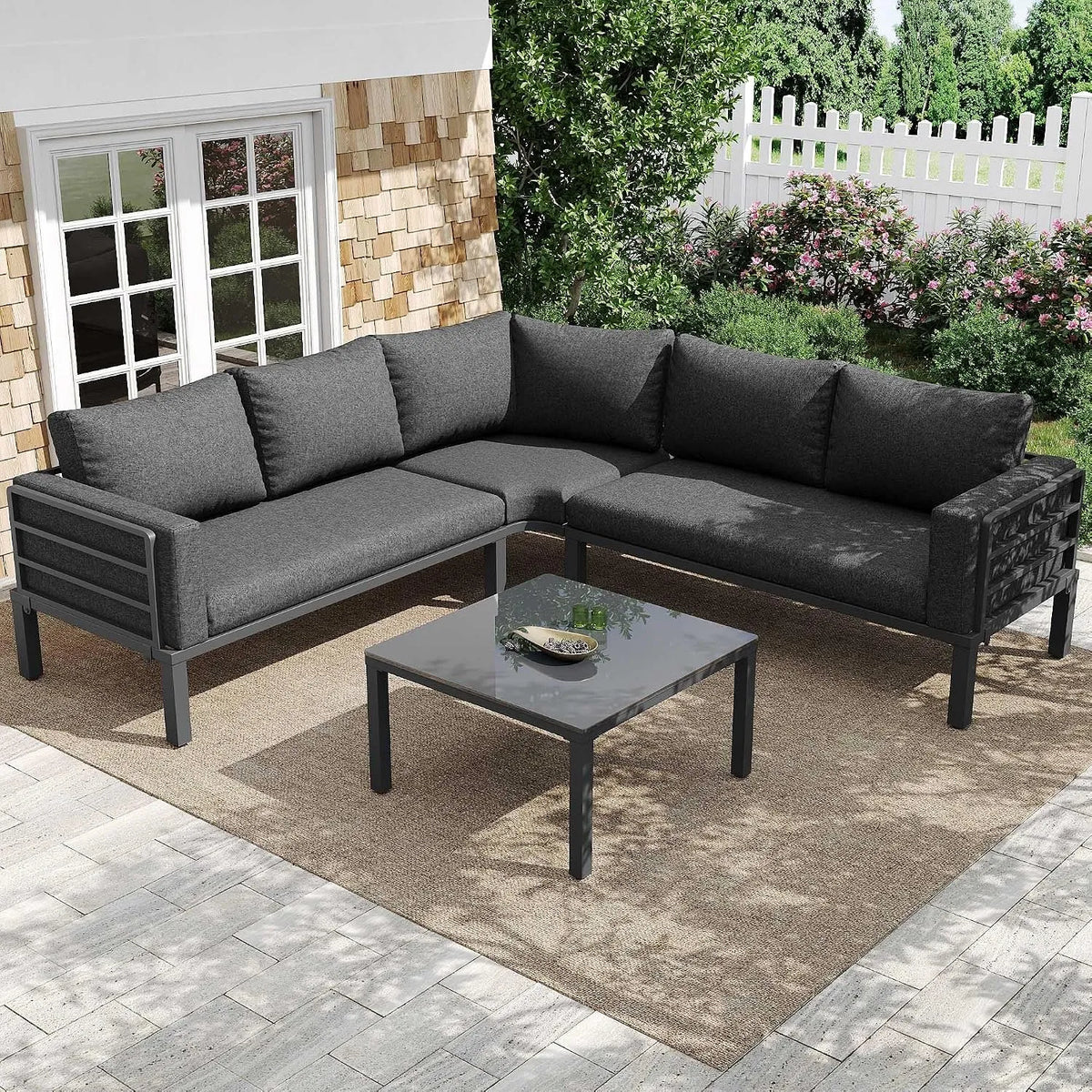 Salon de jardin et ensemble lounge – en verre, avec coussins, réglable, 5 places, gris