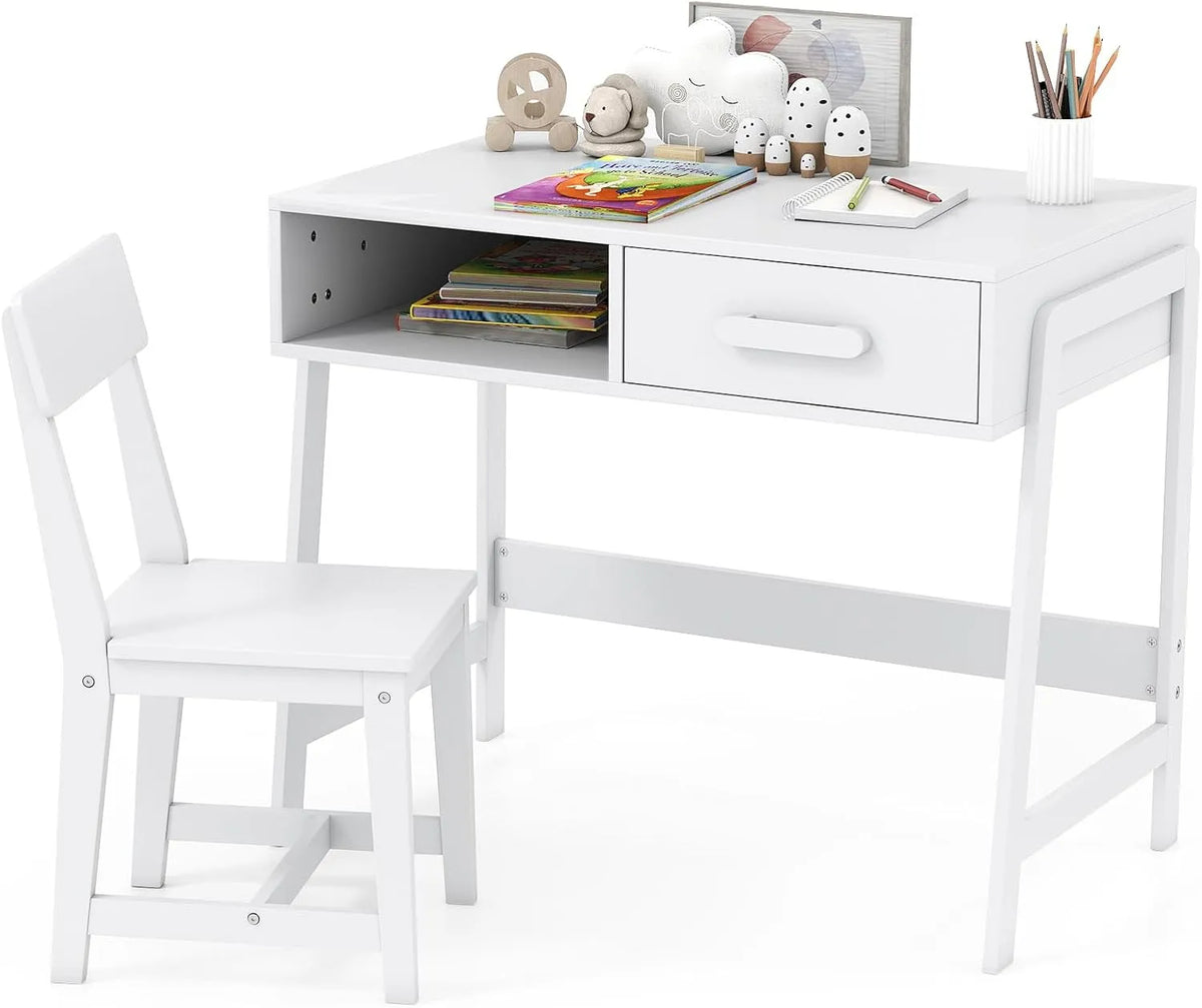 COSTWAY Bureau et table informatique – pour enfant, en bois, avec rangement, avec tiroirs, 50kg, blanc