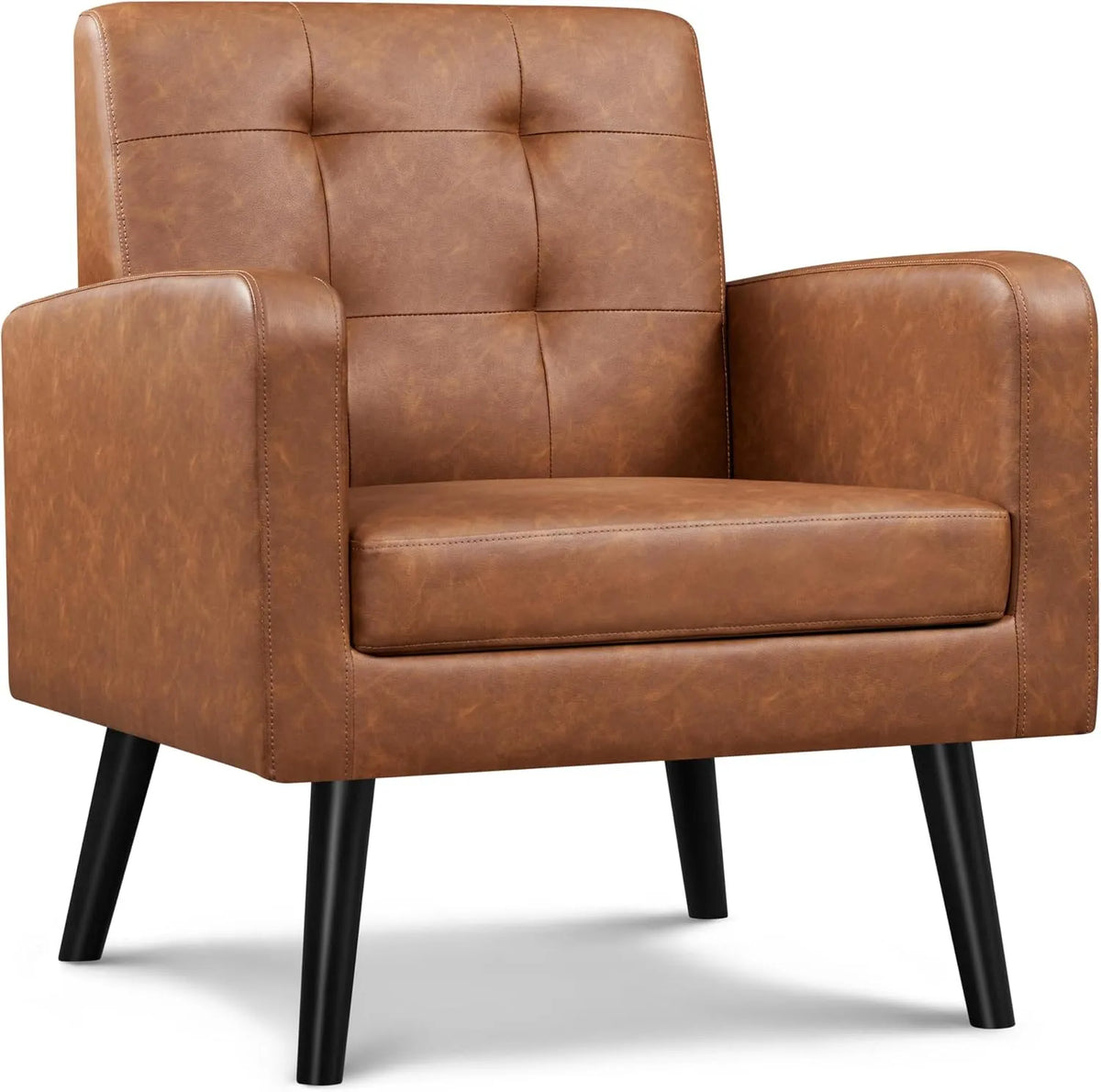 Yaheetech Fauteuil et chaise rembourrée de Salon en Similicuir avec Dossier Capitonné Pieds — en cuir PU, en bois, marron, en bois massif