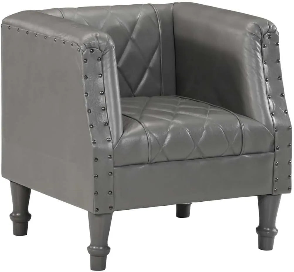 Fauteuil et chaise rembourrée en cuir de chèvre véritable gris avec pieds en: en bois, en bois massif