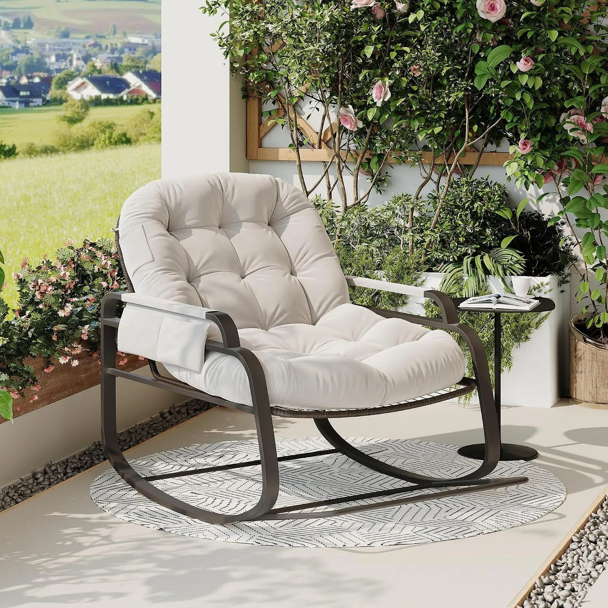 Fauteuil et chaise rembourrée à bascule: en acier, avec coussins, pliable, beige, en résine tressée