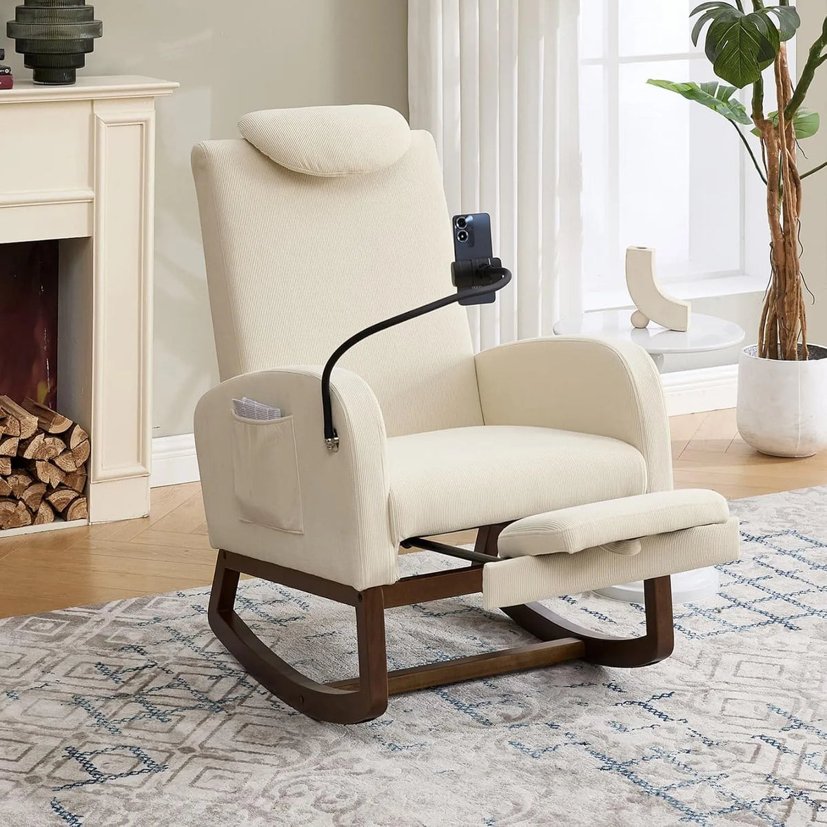 Fauteuil et chaise rembourrée à bascule: en velours côtelé, 65 × 88 × 99cm, beige