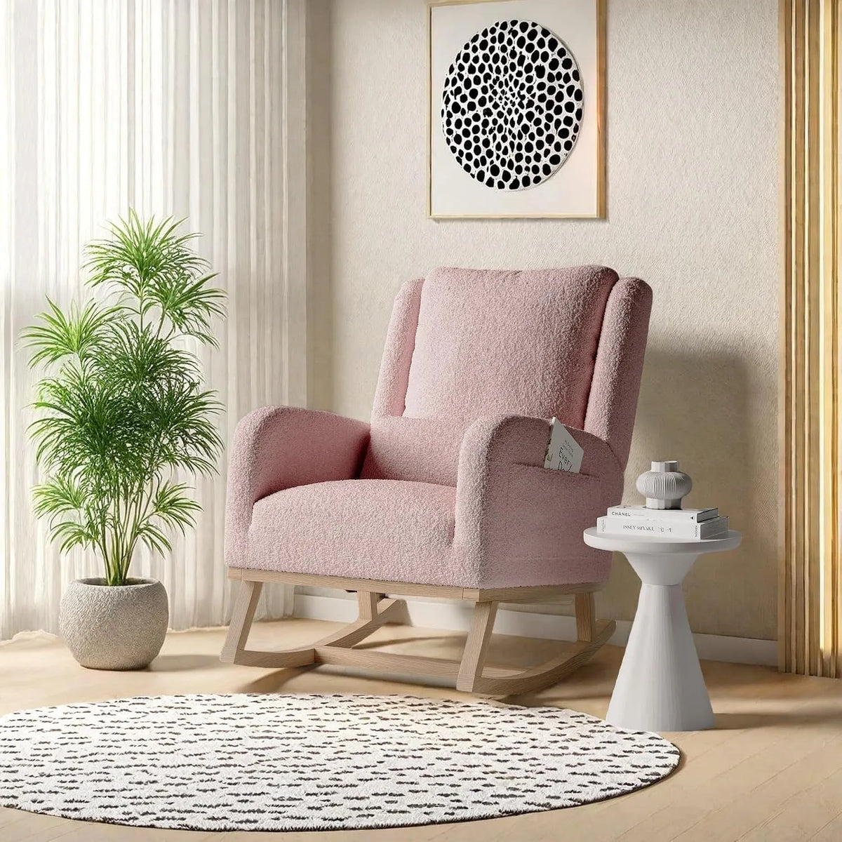 Fauteuil et chaise rembourrée à bascule: en bois, avec accoudoirs, rose, en bois massif, revêtement en velours