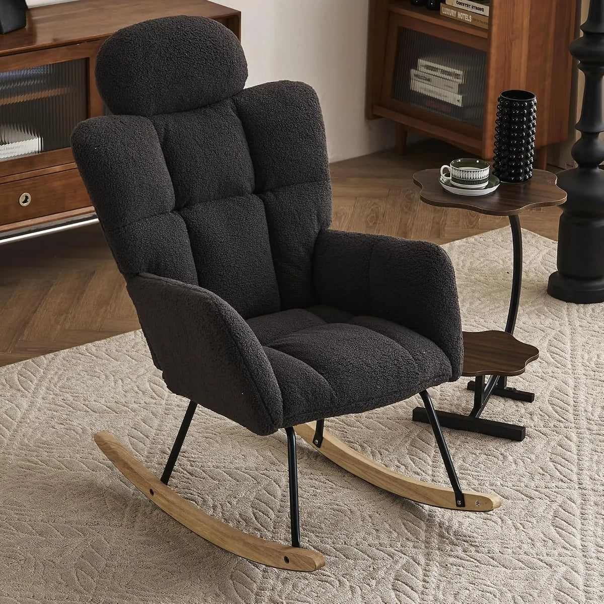 Fauteuil relax et fauteuil inclinable — revêtement en tissu, en bois, revêtement bouclé, gris, en bois massif