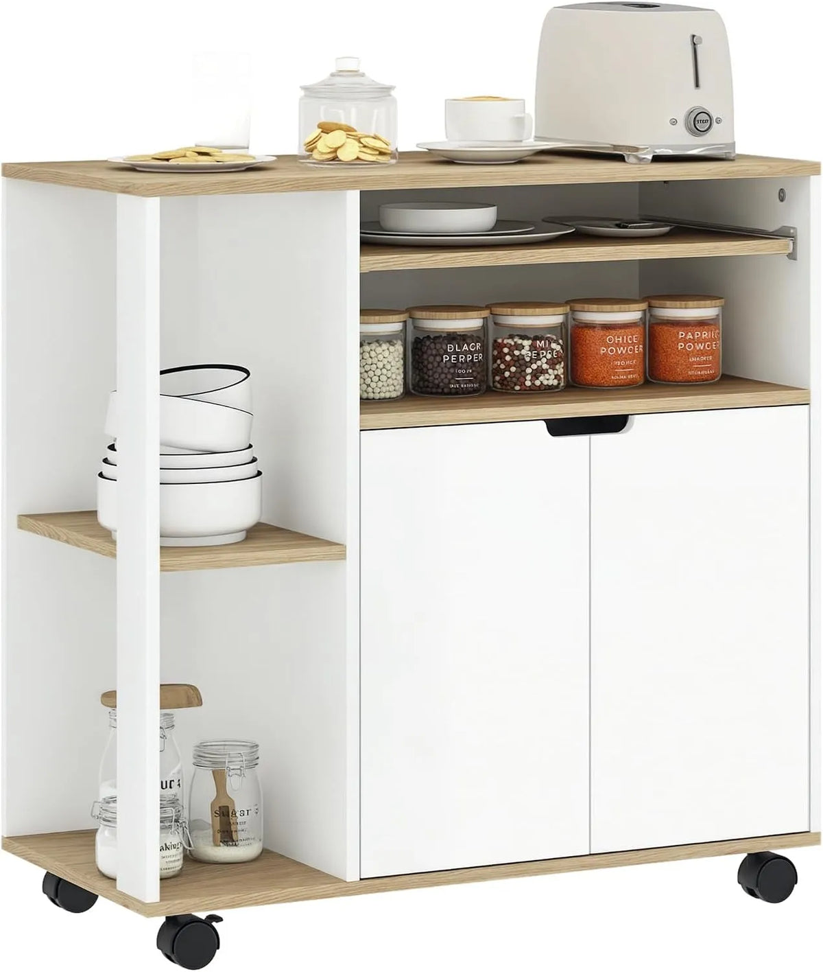 HOMCOM Armoire de rangement: avec Bibliothèque et étagère de rangements, réglable, avec roulettes, 80 × 40 × 82 cm, blanc, avec étagères