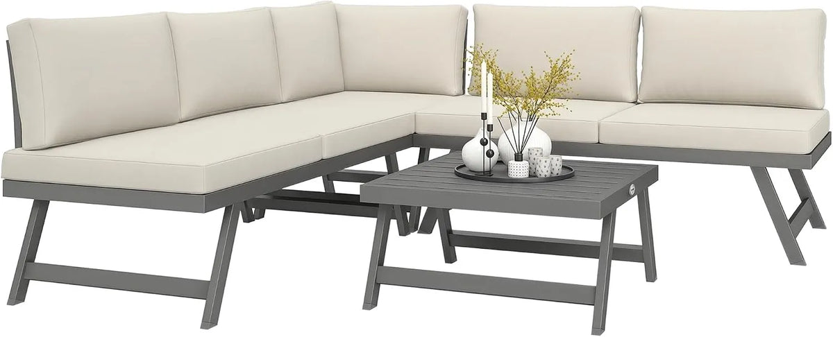 Outsunny Salon de jardin et ensemble lounge — en acier, convertible, en aluminium, 4 pièces, beige