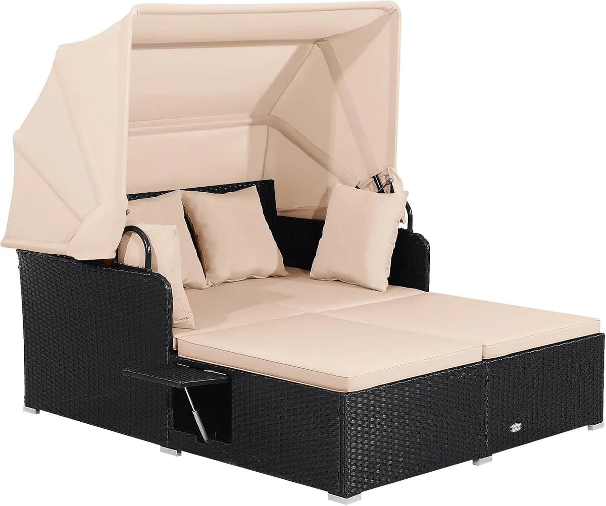 COSTWAY Bain de soleil: pivotant, avec dossier, avec coussins, pliable, 2 Places, 360KG, beige, en résine tressée