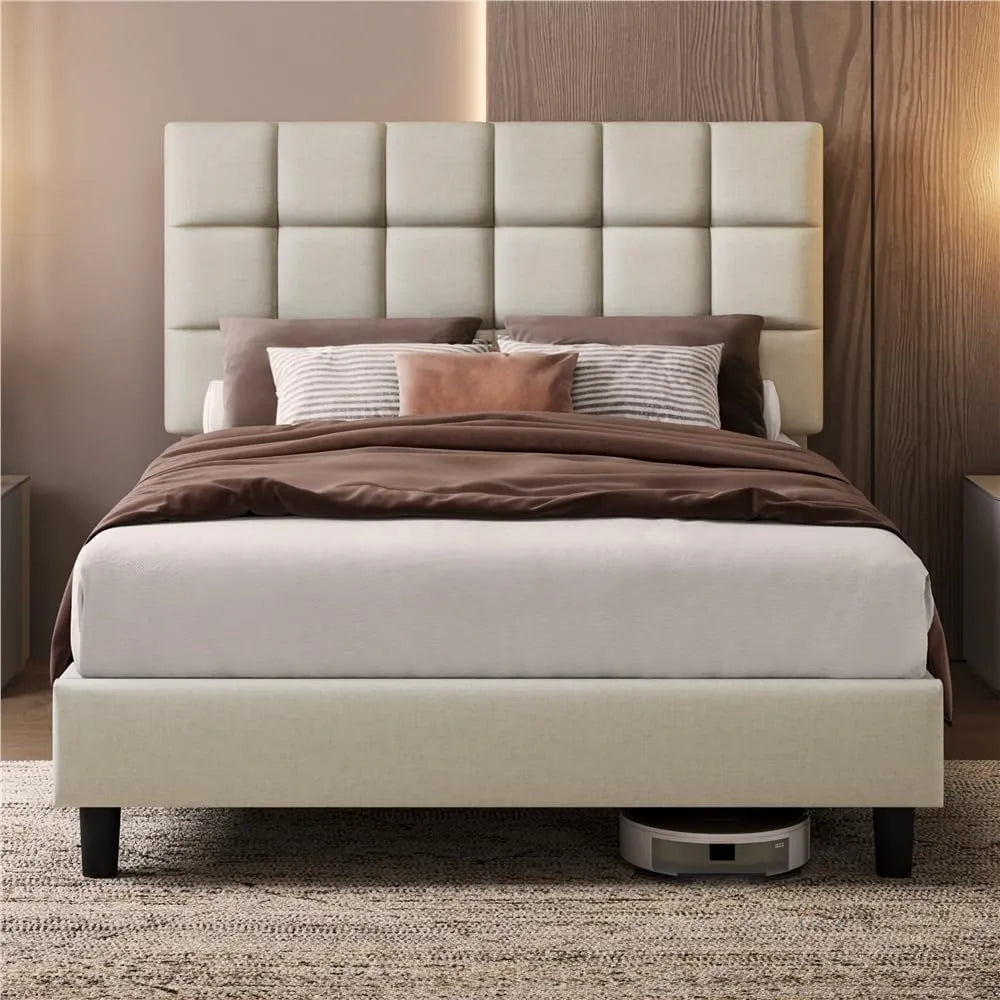 Yaheetech Lit Double Rembourré 140x200cm — en métal, en bois, réglable, 140 × 200cm, beige, hauteur réglable