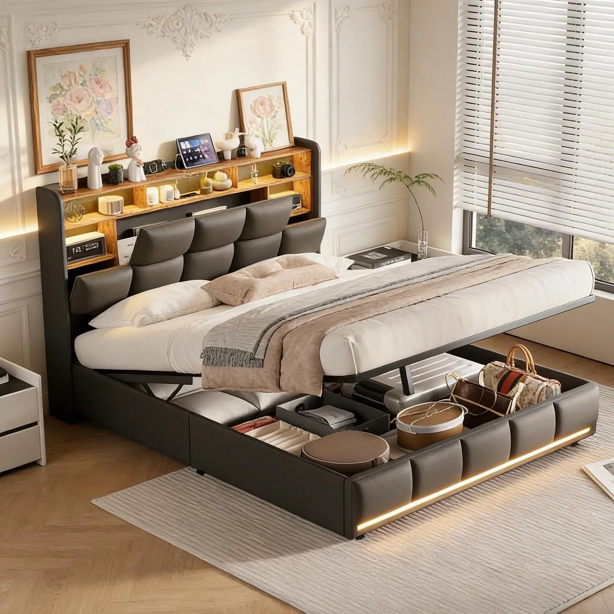 Lit Coffre 140x190 cm – avec port USB, affichage LED, 140 × 190 cm, noir, revêtement en tissu