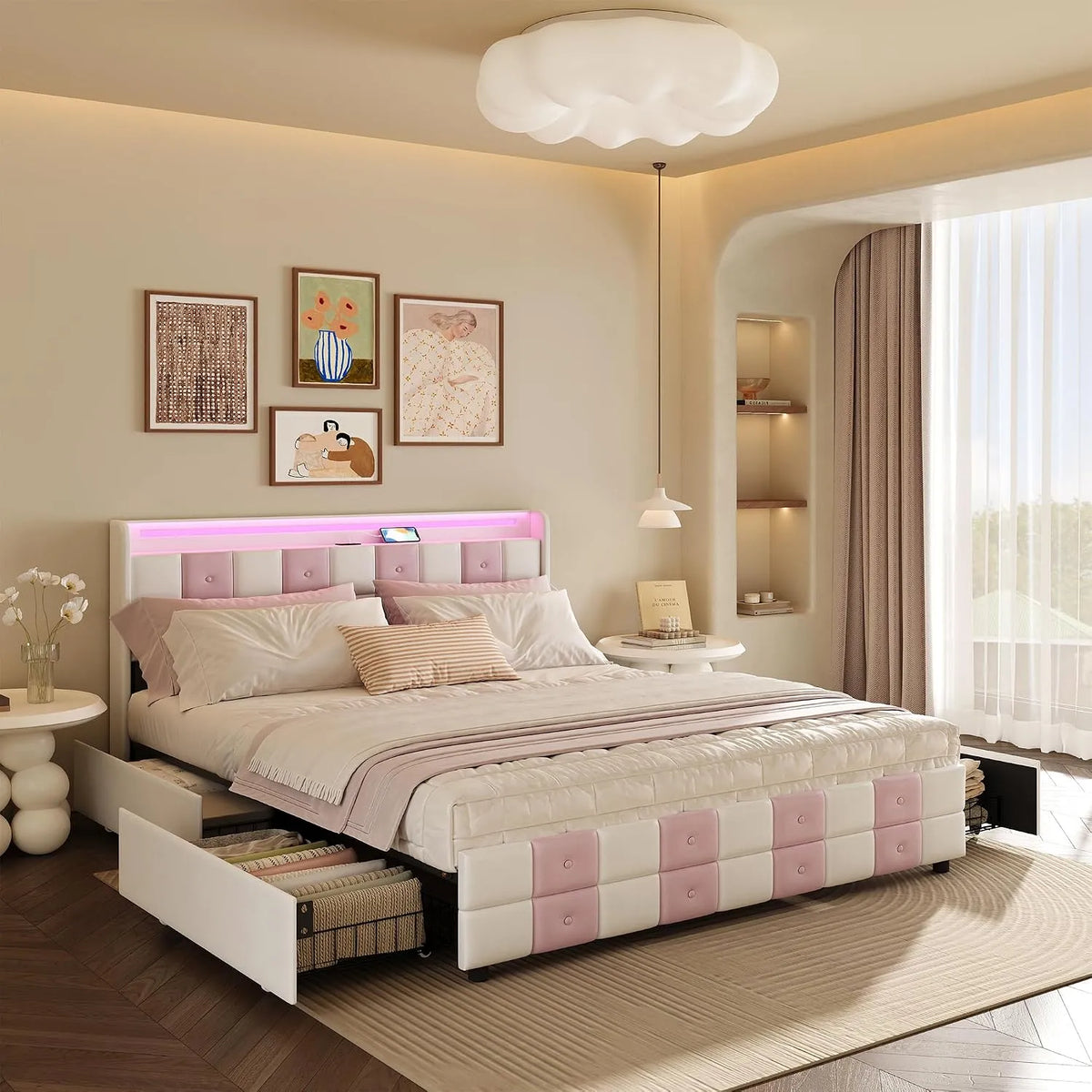 Lit 140x190 avec Sommier LED et USB: avec rangement, avec tiroirs, avec port USB, affichage LED, 4 Tiroirs, 140 × 190, 140 × 190 cm
