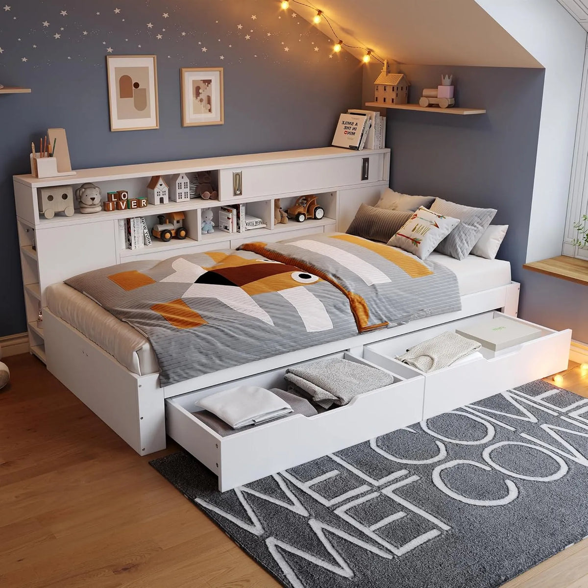 Lit 140 x 190 avec sommier à Lattes: pour enfant, avec rangement, avec tiroirs, 140 × 190, 140 × 190 cm, blanc, revêtement en tissu