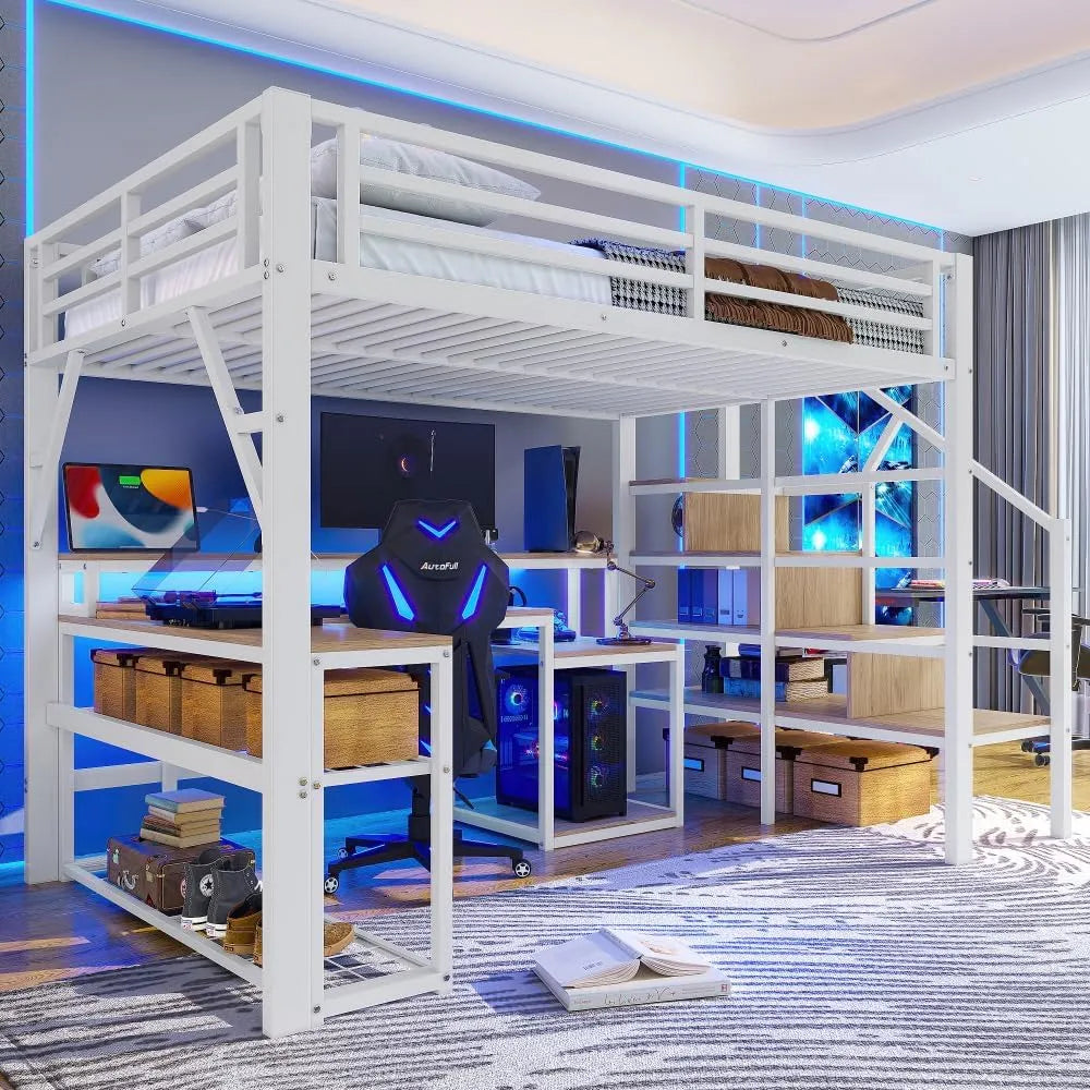 Lit superposé et lit mezzanine: pour enfant, avec rangement, avec escalier, avec bureau, 1 Place, 140 × 200 cm, blanc, avec éclairage LED