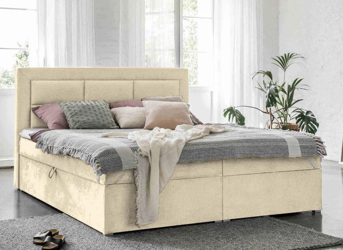 DecoInParis Lit boxspring 160x200 avec Coffre de jardin et coffre de rangement en Velours – avec rangement, 160 × 200, beige