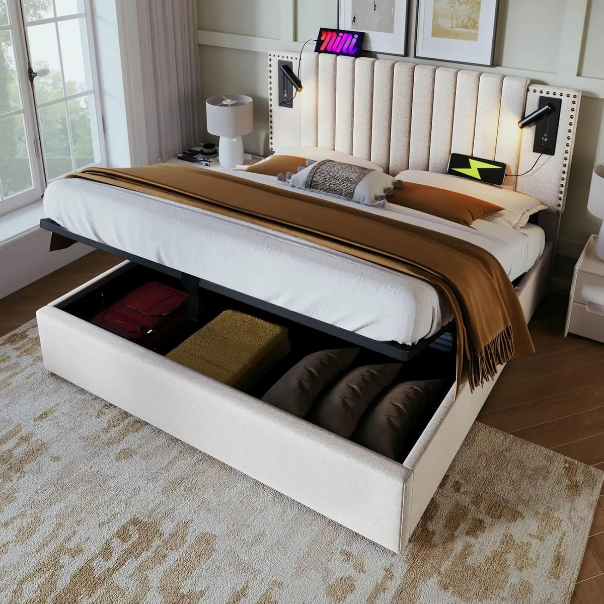 Lit Coffre 160x200cm avec Lampe de Lecture et Port Chargement – en coton, avec rangement, avec port USB, 160 × 200cm, beige, revêtement en tissu
