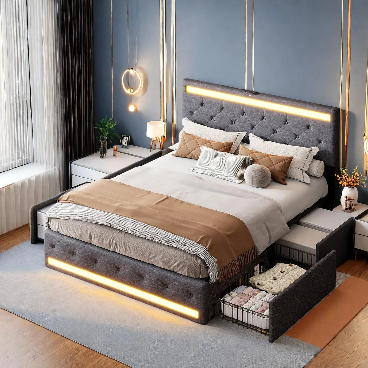 Lit rembourré et cadre de lit tapissé: avec rangement, avec tiroirs, avec port USB, réglable, 4 Tiroirs, 140 × 190, gris, avec éclairage LED