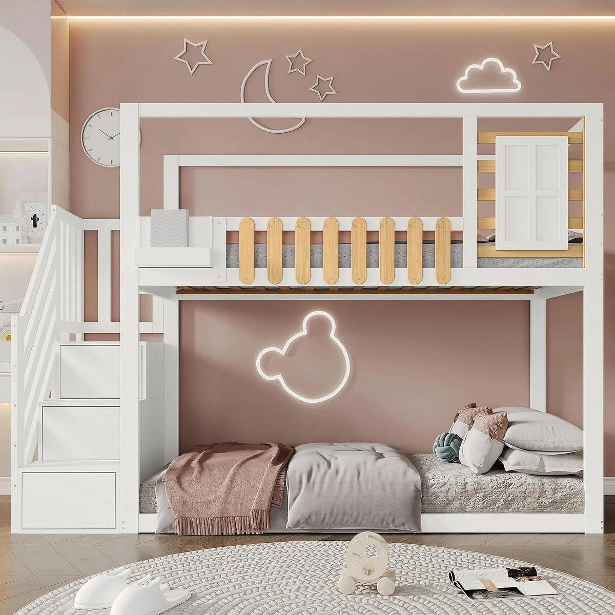 Lit superposé et lit mezzanine: pour enfant, avec escalier, avec barrière anti-chute, 90 × 200, blanc