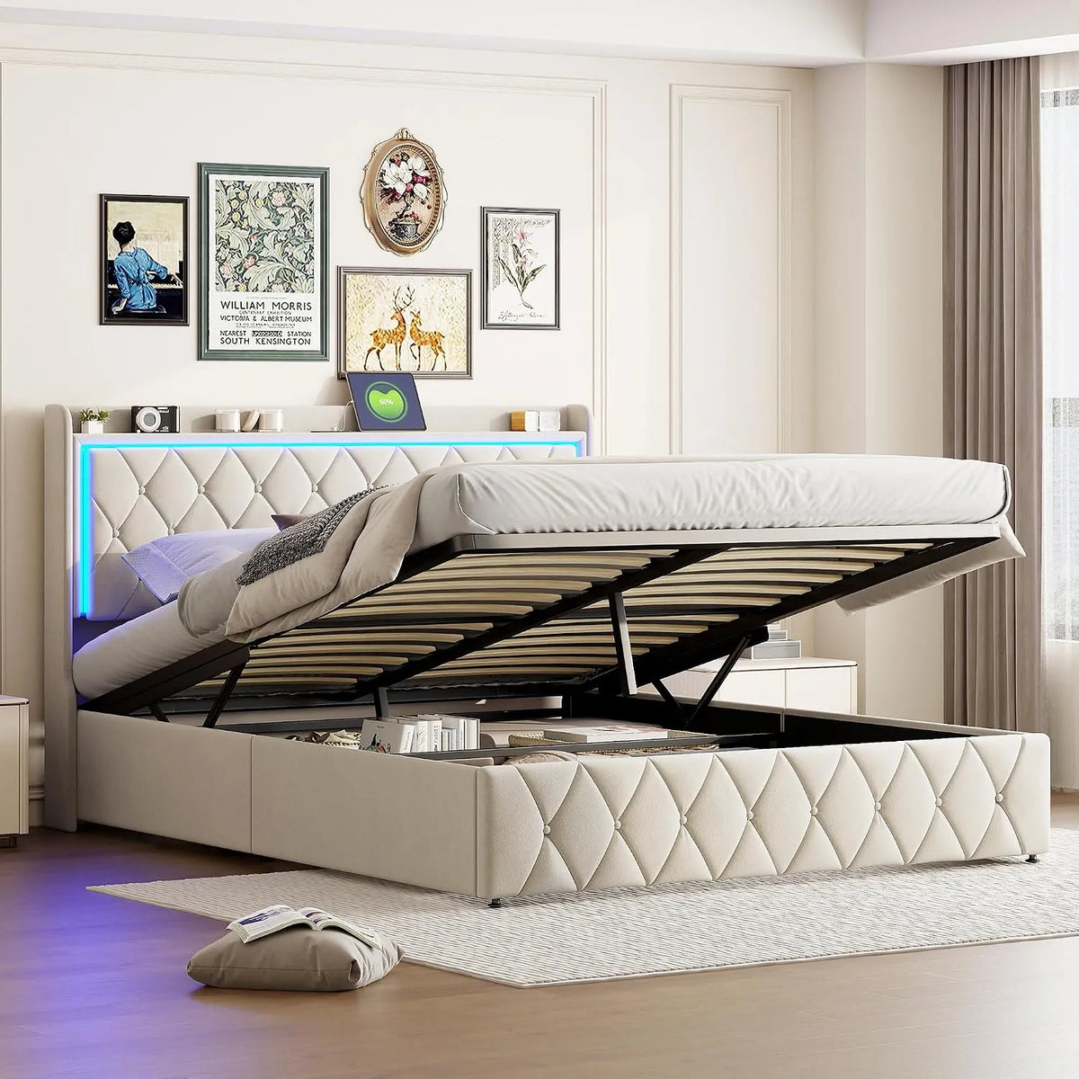 Lit Coffre 140x200 cm: avec rangement, avec port USB, affichage LED, 140 × 200 cm, beige, revêtement en velours