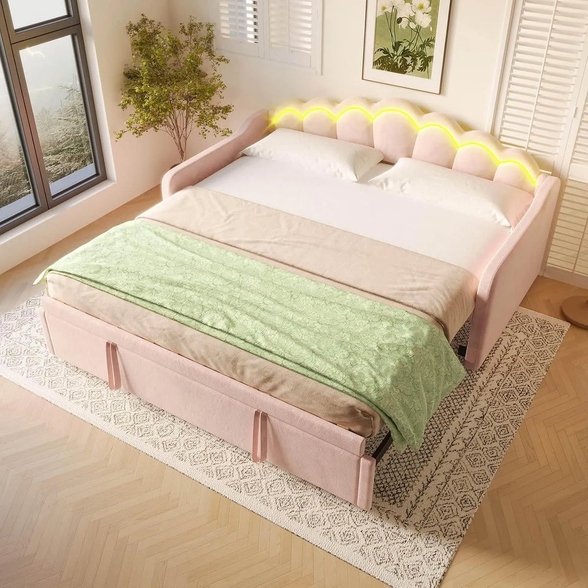 Canapé convertible et canapé-lit – revêtement en tissu, convertible, affichage LED, 2 Places, 180 × 200cm, rose, revêtement en velours