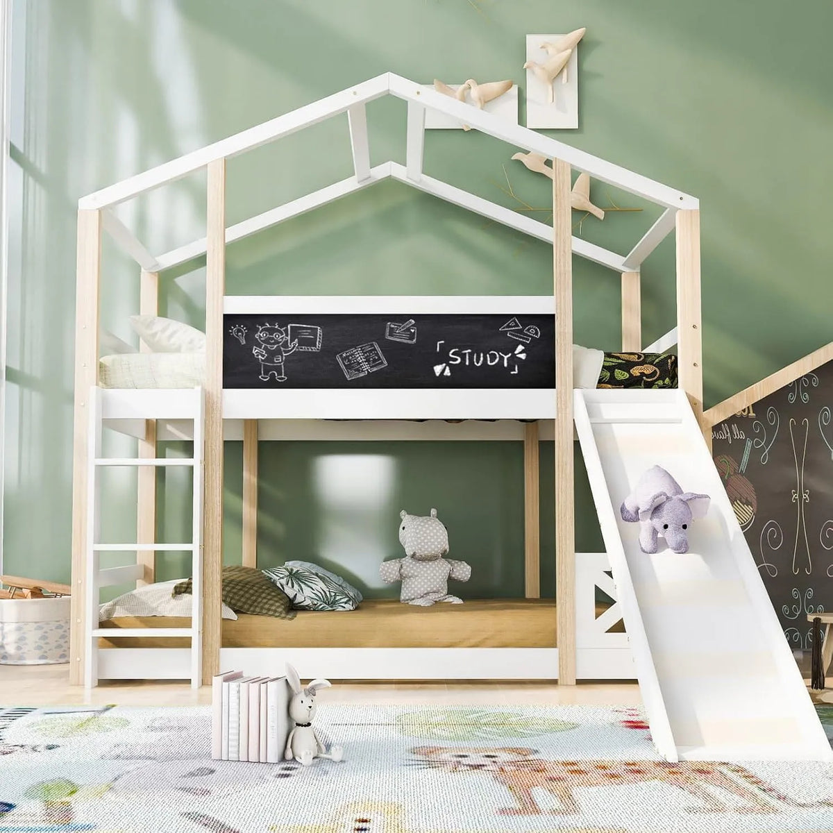 Superposé Lit Cabane avec Toboggan et Échelle Lit Surélevé avec — en bois, avec échelle, 90 × 200CM, revêtement en tissu