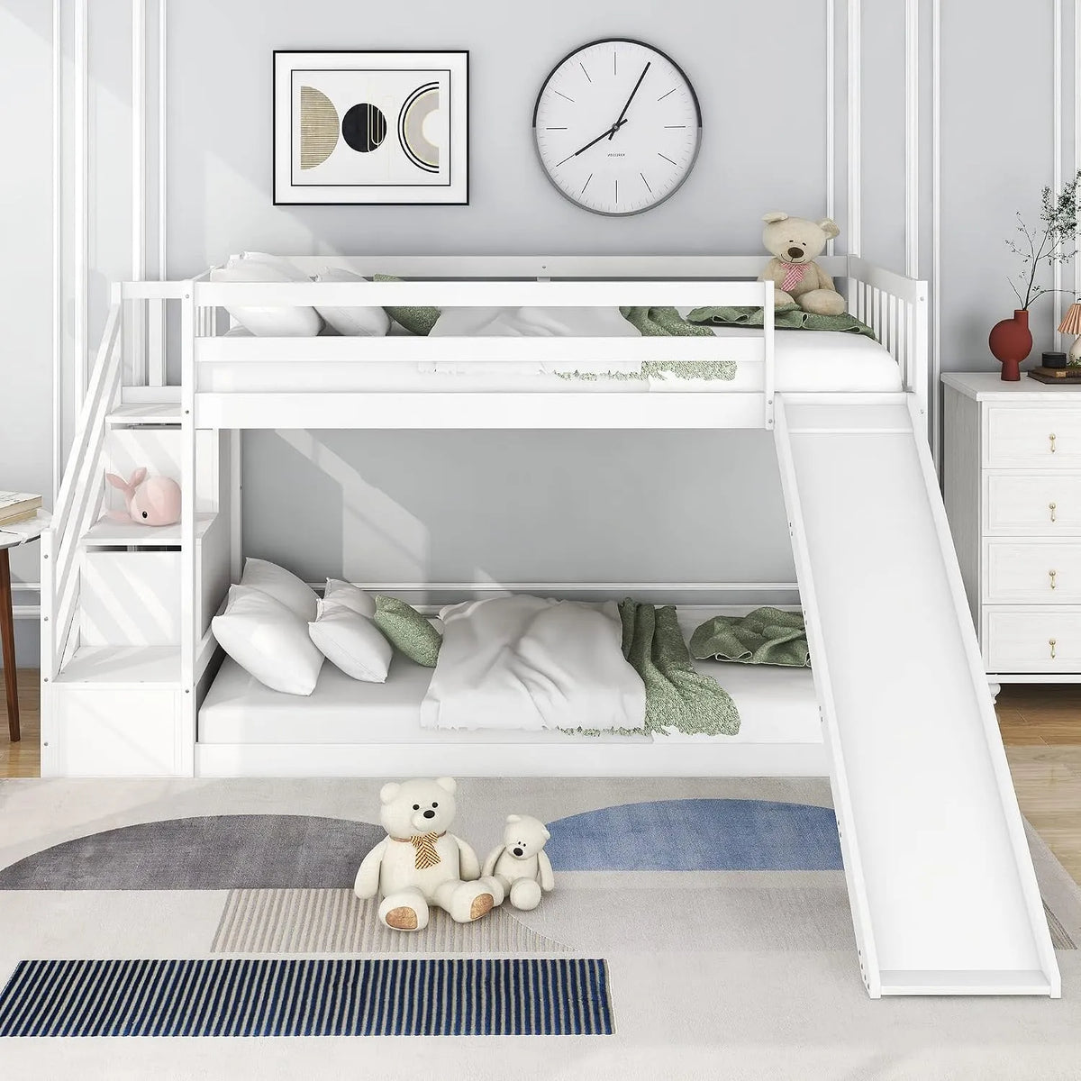 Lit superposé et lit mezzanine: pour enfant, avec tiroirs, avec escalier, avec toboggan, 2 tiroirs, 90 × 200 cm, blanc