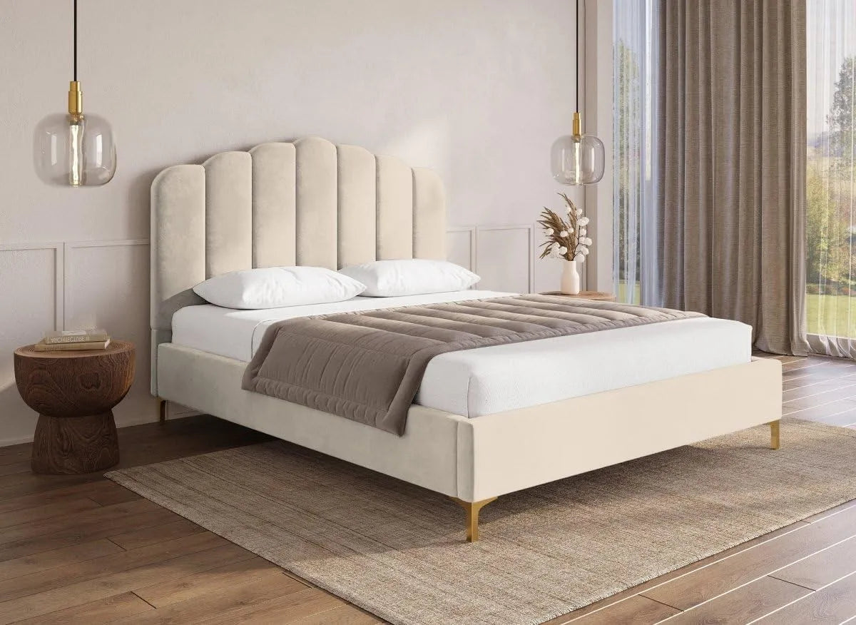 DecoInParis Lit Double en Velours Beige 160x200 cm Marion: 160 × 200 cm