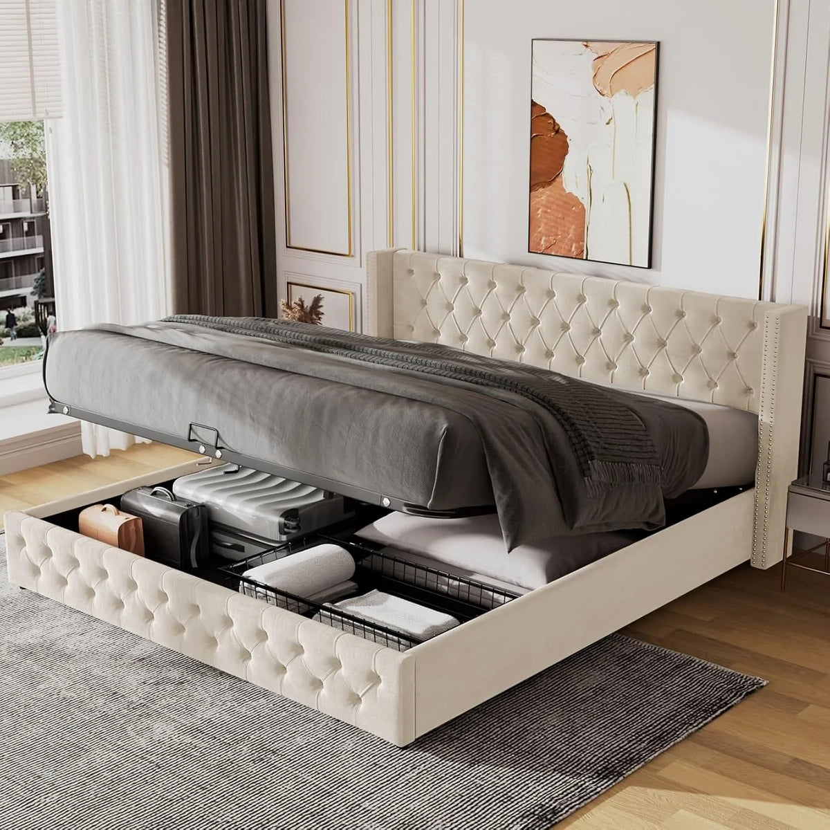 Lit Coffre 140x190cm — revêtement en tissu, avec rangement, 140 × 190cm, beige, revêtement en velours