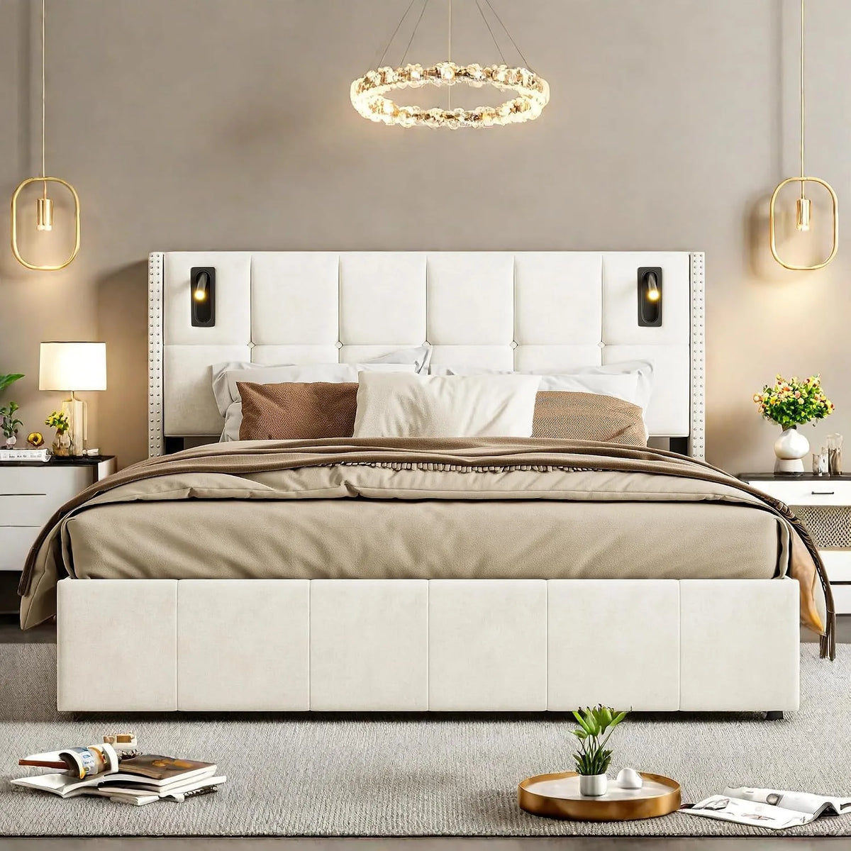 Lit Coffre 160x200cm – avec rangement, 160 × 200cm, blanc, revêtement en tissu