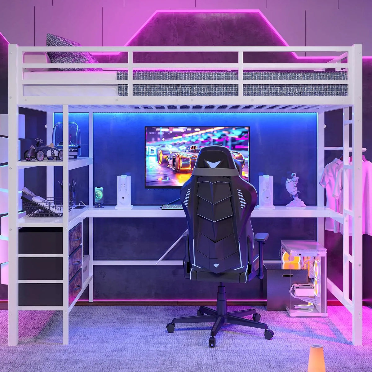 Bureau — en métal, avec tiroirs, avec Bibliothèque et étagère de rangements, avec bureau, 3 tiroirs, 90 × 200 cm, blanc, avec étagères