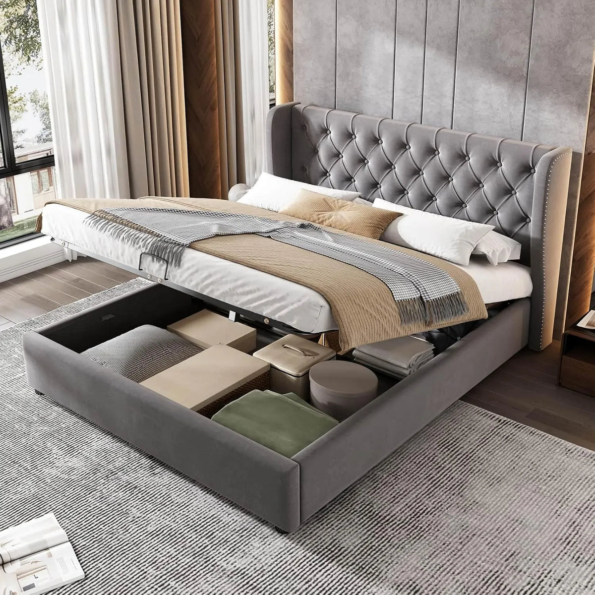 Lit Coffre 140x190cm – revêtement en tissu, avec rangement, 140 × 190cm, gris, revêtement en velours