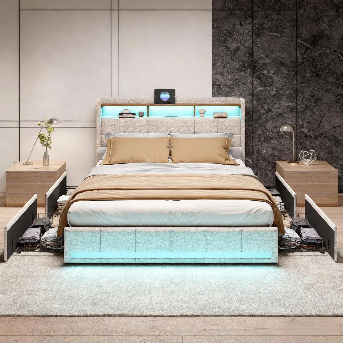 Lit 160x200 avec sommier éclairage LED et Charge USB: avec rangement, avec tiroirs, avec port USB, affichage LED, 4 tiroirs, 160 × 200, 160 × 200 cm