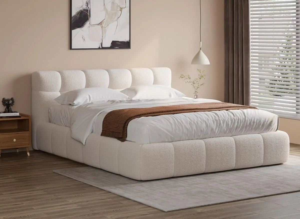 DecoInParis Lit Coffre en Tissu Bouclette écru 140x190 cm Georgina — revêtement en tissu, revêtement bouclé, 140 × 190 cm