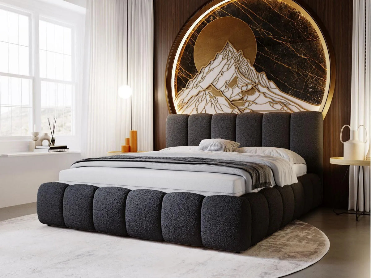 Lit Cloud 160x200 — revêtement en tissu, avec rangement, revêtement bouclé, 160 × 200, noir, avec rangement intégré