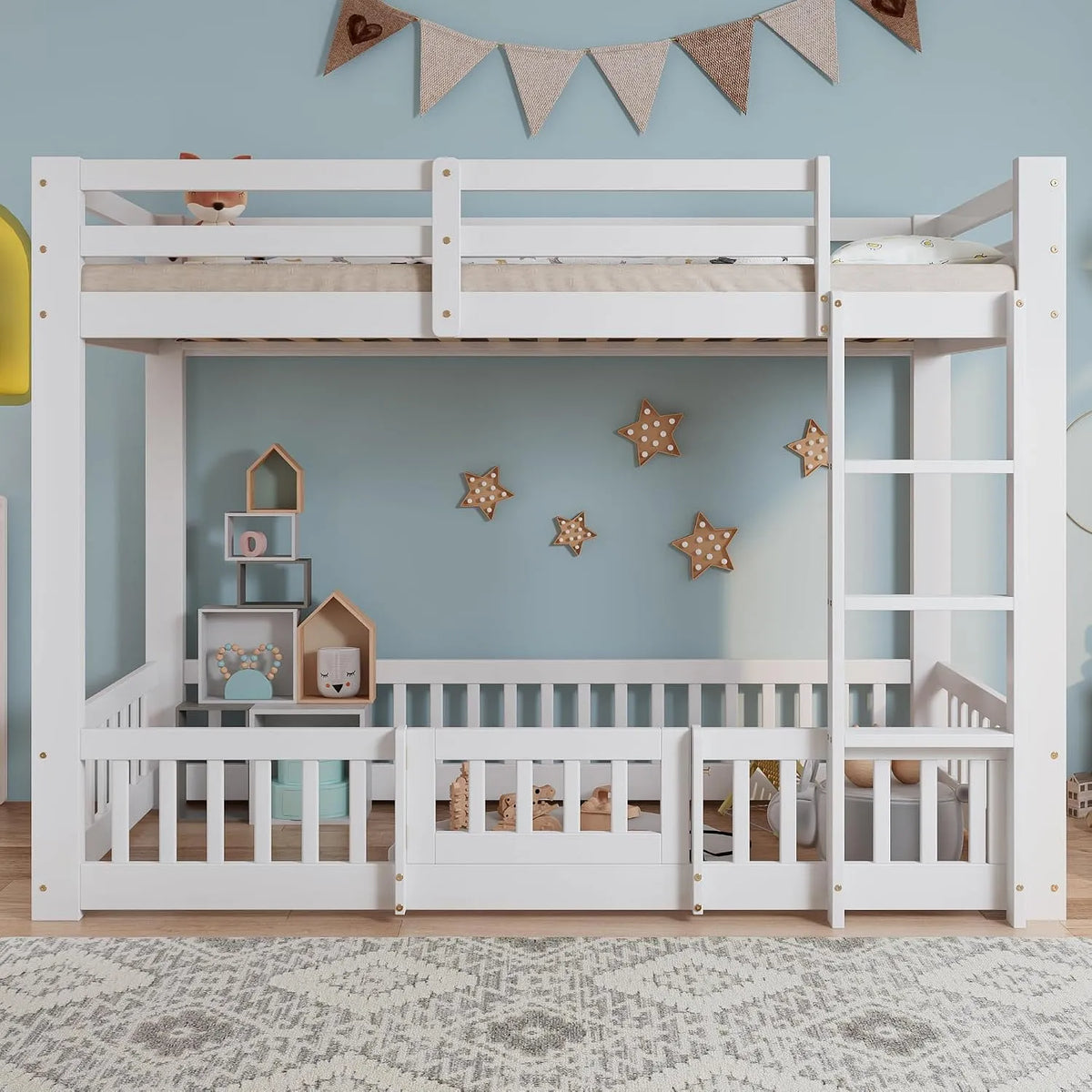 Lit superposé et lit mezzanine — pour enfant, angle droit, en bois, blanc, en bois massif