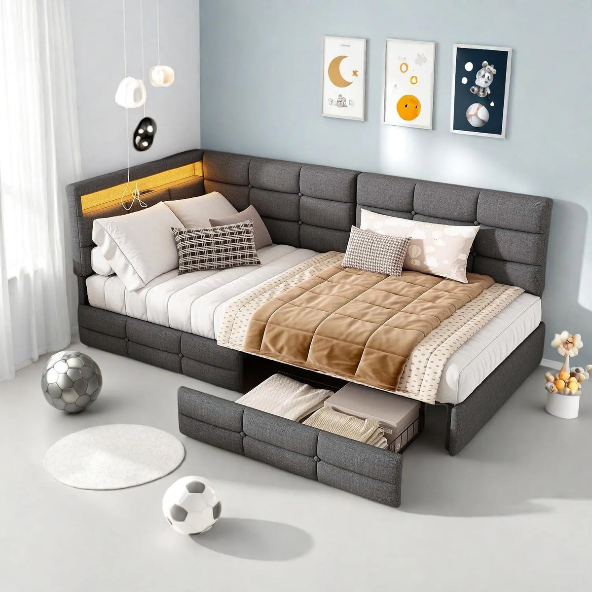Canapé convertible et canapé-lit: pour enfant, avec rangement, avec tiroirs, avec port USB, 1 Place, 2 Tiroirs, 90 × 200, avec éclairage LED