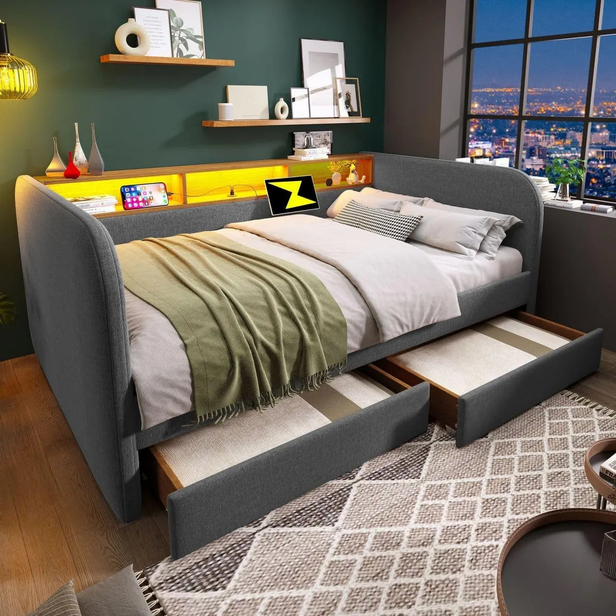 Canapé convertible et canapé-lit — USB-C, avec rangement, avec tiroirs, avec port USB, affichage LED, 2 tiroirs, 140 × 190 cm, revêtement en tissu