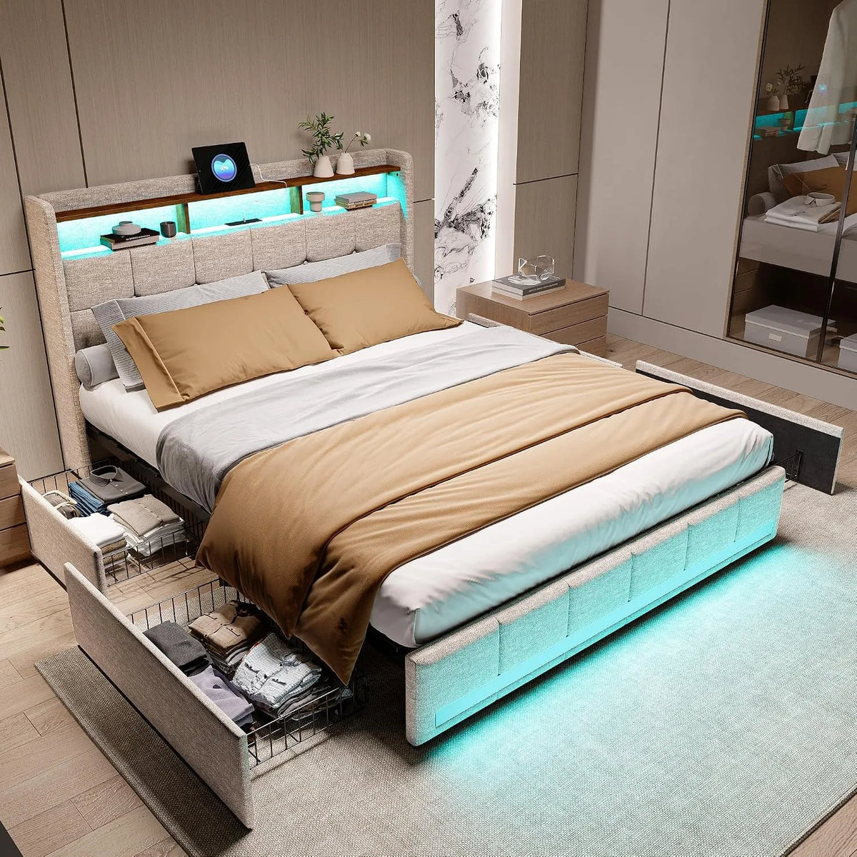 Lit Double 140x190: avec rangement, avec tiroirs, avec port USB, affichage LED, 4 tiroirs, 140 × 190