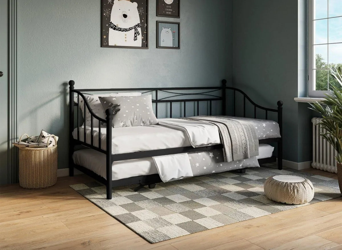 DecoInParis Lit banquette et lit d'appoint gigogne en métal Noir Alicia 90 x: 90 × 190 cm