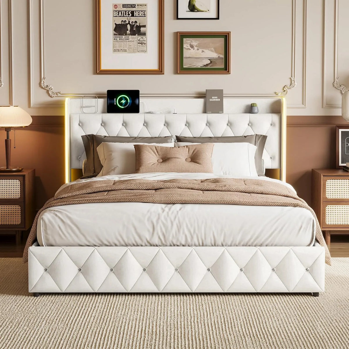 Lit Coffre 140x200 cm — avec rangement, avec port USB, affichage LED, 140 × 200 cm, beige, revêtement en velours