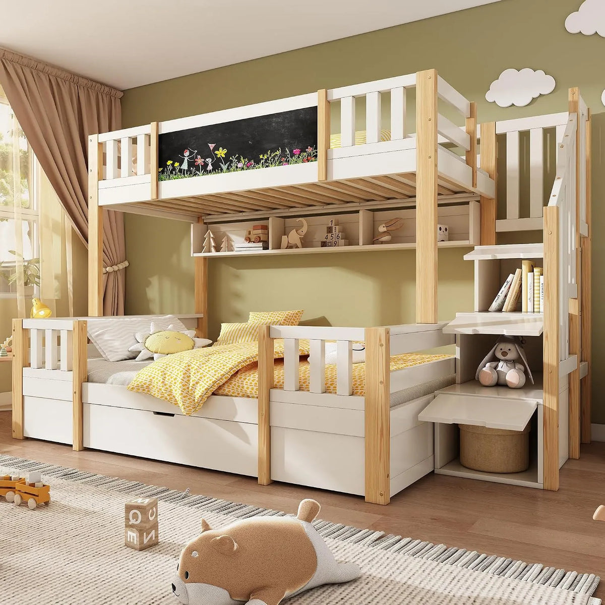 Lit superposé et lit mezzanine — pour enfant, en bois, avec rangement, avec tiroirs, 90 × 200 cm, 140 × 200 cm, noir, en bois massif