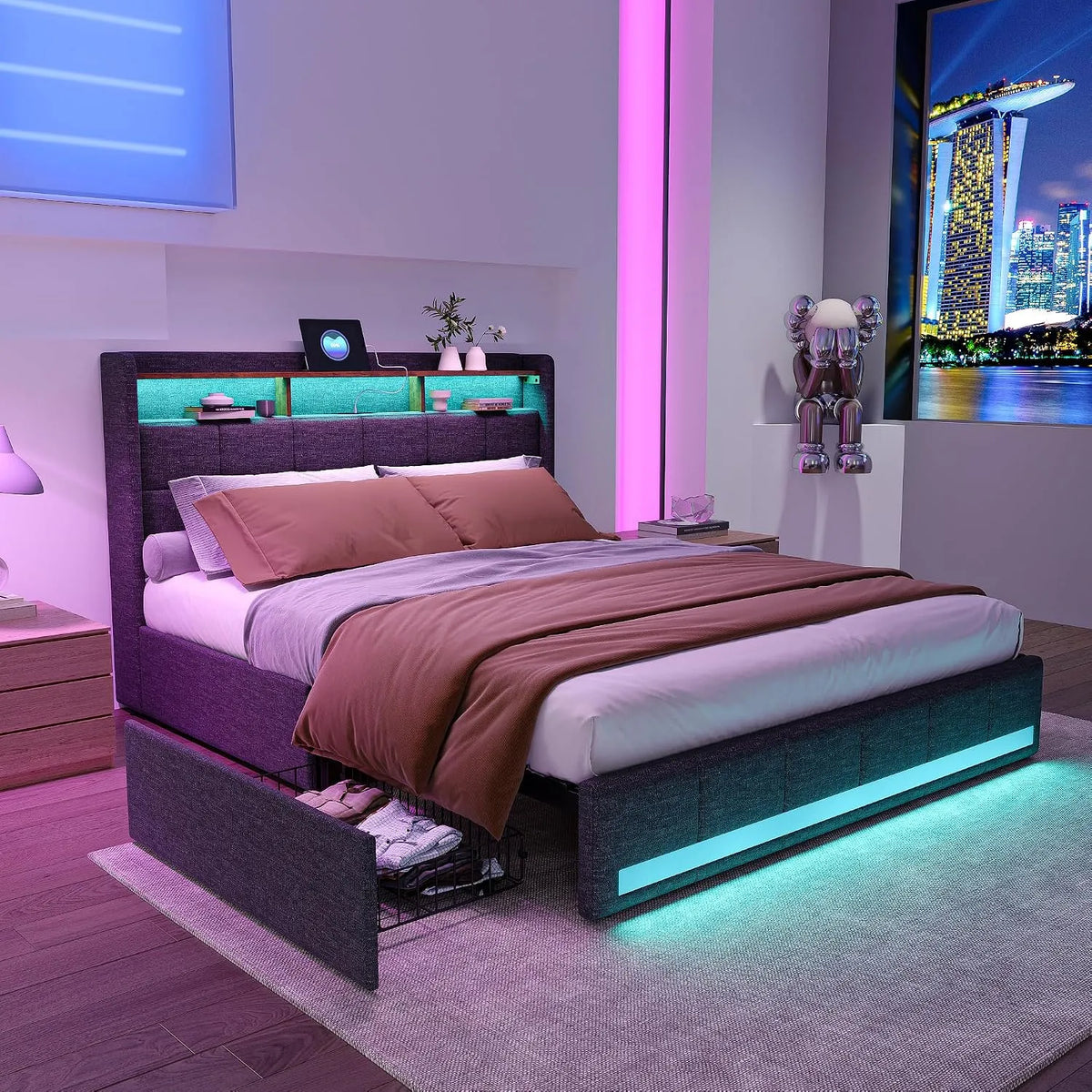 Lit rembourré et cadre de lit tapissé — avec rangement, avec tiroirs, avec dossier, avec port USB, 4 tiroirs, 140 × 200 cm, gris, avec éclairage LED