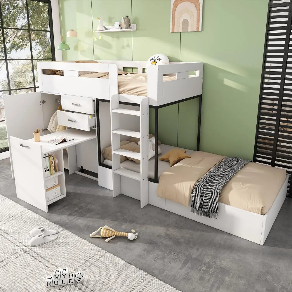 Lit superposé et lit mezzanine — pour enfant, avec rangement, avec tiroirs, avec bureau, 90 × 200cm, extensible, revêtement en tissu